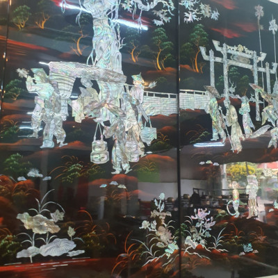 Tranh sơn mài Bộ 4 tấm Vinh Quy Bái Tổ cẩn ốc xà cừ, hàng đẹp, hàng xuất khẩu size 80x160 cm