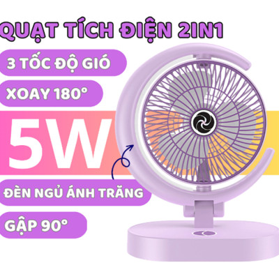 Quạt Để Bàn Tích Điện Mini 3 Cấp Độ Gió Teement, Tích Hợp Đèn Ngủ Động Cơ Không Tiếng Ồn Pin Pin 1200mah , Điều Chỉnh Lên Xuống 360°- Hàng Chính Hãng