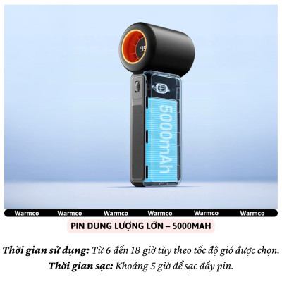 Quạt cầm tay turbo mini siêu mát Pin trâu 5000 mAh, nhỏ gọn linh hoạt hiệu Hotcase WARMCO - 100 chế độ gió, dùng liên tục 18h (tùy mức gió), thiết kế đẹp, bền - hàng nhập khẩu