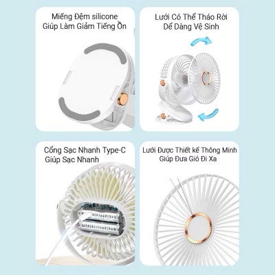 Quạt Mini Tích Điện Kẹp Bàn F60 - 5 Tốc Độ Gió, Xoay 720 Độ, Lồng Quạt 15cm, Sạc Type C - HÀNG CHÍNH HÃNG MINIIN