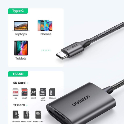 Ugreen 80888 SD/TF chuẩn USB 3.1 Type C Đầu đọc thẻ nhớ vỏ nhôm cao cấp Ugreen CM401 - Hàng Chính Hãng