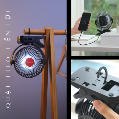 Quạt tích điện đế kẹp YOOBAO F8 8000mAh có đèn led,quạt tích điện kiêm sạc dự phòng 3in1, dùng liên tục 8-30 tiếng - Hàng chính hãng