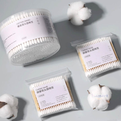 Gói 100 Tăm Bông Ngoáy Tai Thân Gỗ Tre 2 Đầu Tròn Vệ Sinh Tai Tiện Lợi