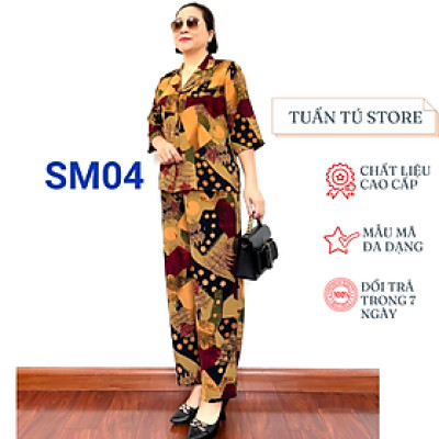 Bộ sơ mi nữ trung niên Áo có cổ và khuy cài chất liệu lụa hàn châu cao cấp mềm mát không nhăn xù khi giặt - Tuấn Tú Store 68