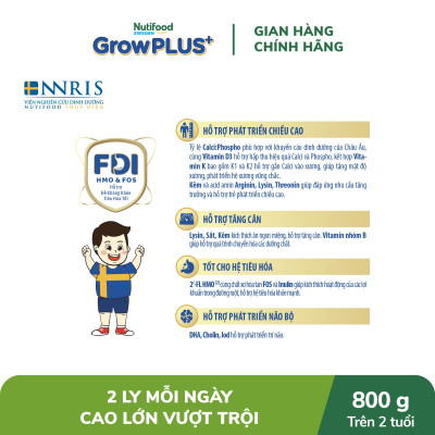 Sữa bột Nutifood GrowPLUS+ Cao Lớn Vượt Trội trên 2 tuổi Lon 800g