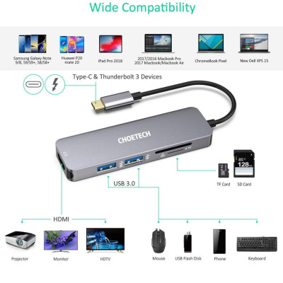 Hub Adapter chuyển đổi 5 in 1 Type-C ra 2 cổng USB 3.0, cổng HDMI 4K, & cổng thẻ nhớ SD và thẻ TF hiệu CHOETECH M18 dùng cho điện thoại / Macbook / Laptop (tốc độ cao, kết nối nhiều thiết bị, trình chiếu video) - Hàng chính hãng