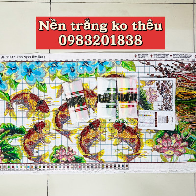 Tranh thêu chữ thập Cửu ngư hoa sen AL51417, nền trắng không thêu, kích thước 108 x 52 cm