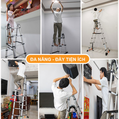 Thang nhôm rút đôi có bánh xe di chuyển tiện lợi, thanh giằn gia cố, khóa thang 2 lớp - NIKITA 2024