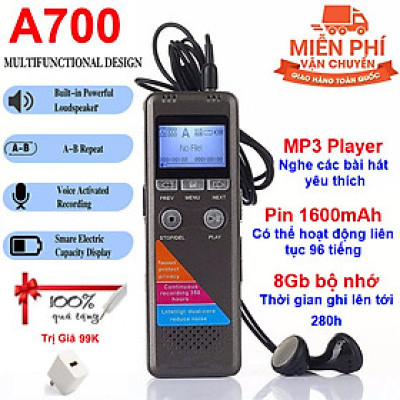 Quà Tặng Kèm - Máy Ghi Âm, Thiết Bị Ghi Âm Cao cấp GH700 Pin Trên 300h Hỗ Trợ 2 Micro Ghi Âm. MP3 Player, Built-In Stereo Microphones, Direct USB, Voice Balancer, Noise Cancel, Simple Mode, Intelligent Auto Mode 8GB Memory Hàng Chính Hãng
