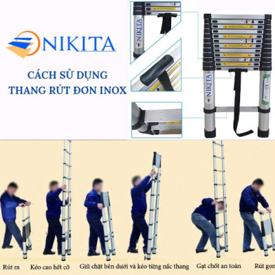 Thang Nikita  inox rút đơn 3,2 m tiện cất gọn, di chuyển, chống trượt an toàn, tải trọng đến 150kg
