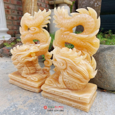 Cặp rồng cuộn 12 con giáp phong thủy đá ngọc hoàng long 20cm đá Non Nước