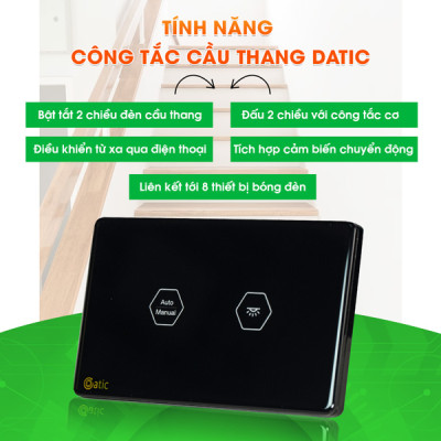 Công Tắc Cầu Thang Wifi Datic Hunocnic màu trắng cảm ứng điều khiển từ xa, giong nói qua điện thoại