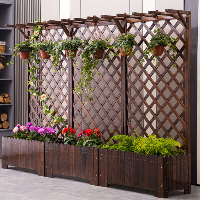 Vách ngăn trang trí phòng khách sân vườn kèm chậu trồng hoa cây cảnh gỗ thông kiểu dáng vintage