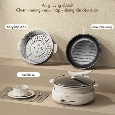 Nồi Lẩu Nướng Đa Năng BEAR DHG-C40W2, Có Kèm Khay Hấp Dung Tích 4 Lít, Công Suất 1500 W - Hàng Chính Hãng