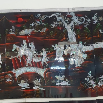 Tranh sơn mài Bộ 4 tấm Vinh Quy Bái Tổ cẩn ốc xà cừ, hàng đẹp, hàng xuất khẩu size 80x160 cm