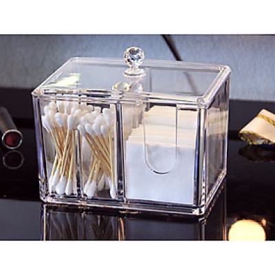 Hộp mica 2 ngăn đựng đồ trang điểm, bông tấy trang, tăm bông...có nắp đậy,14.5 x 10.5 x 13 cm