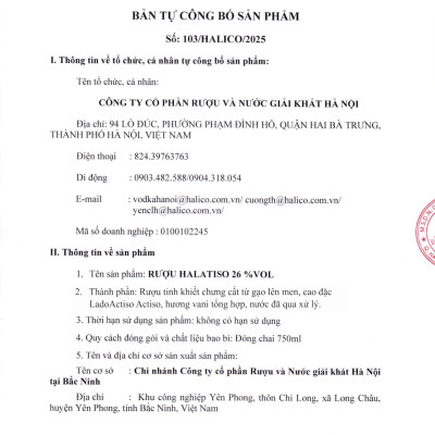 Rượu HALATISO - HALICO nồng độ 26% chai 750ml kèm hộp