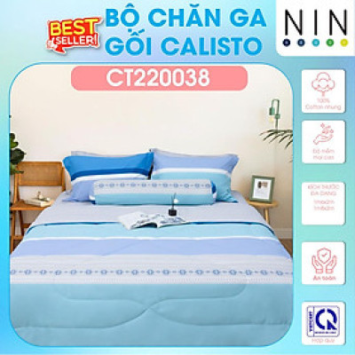 NEW ARRIVAL Bộ 5 món drap cotton, áo gối, mền chần NIN Calisto CT220038 1m6, 1m8 bọc nệm bo chun, cao cấp