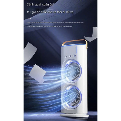 Quạt Hơi Nước Có Tích Điện, Quạt Phun Sương Mini 4 cánh, Quạt Để Bàn 2 Tầng Có Đèn Led, remote Tiện Lợi - Hàng Chính Hãng Double ended Spray Fan, Máy tạo ẩm