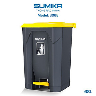 Thùng rác nhựa gia đình SUMIKA B068, dung tích 68L, thùng màu xám, nắp vàng