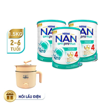 Bộ 3 Lon Sữa bột Nestlé NAN OPTIPRO PLUS 4 1500g/lon Giúp tiêu hóa tốt + Tăng cường đề kháng (2 - 6 tuổi) - Tặng Nồi lẩu điện A2