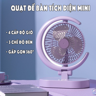 Quạt Để Bàn Tích Điện Mini 3 Cấp Độ Gió Teement, Tích Hợp Đèn Ngủ Động Cơ Không Tiếng Ồn Pin Pin 1200mah , Điều Chỉnh Lên Xuống 360°- Hàng Chính Hãng