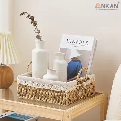 Giỏ Decor Hình Vuông Có Quai Xách – Đan Tay Thủ Công, Lót Vải Hoa Vintage, Trang Trí & Đựng Đồ Đa Năng