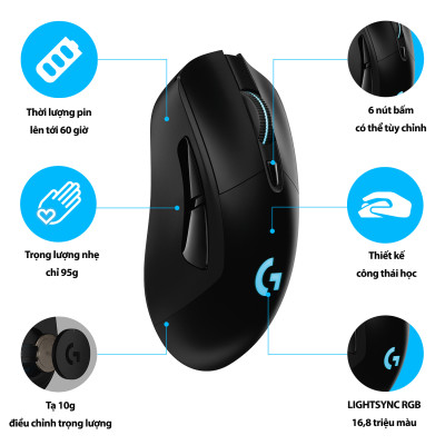 Chuột game không dây Lightspeed RGB Logitech G703 - Cảm biến Hero 25k, tương thích PowerPlay, nhẹ 95g+10g cân tùy chỉnh, pin 60h, PC/Mac - Hàng chính hãng