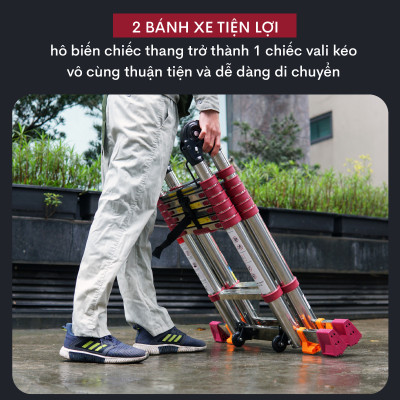 Thang rút đôi chữ A inox 5M nhập khẩu FUJIHOME TLA08IR, chốt khóa tự động an toàn, có bánh xe di chuyển tiện lợi - Hàng chính hãng