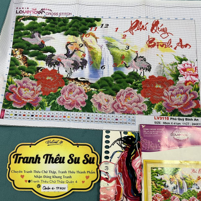 Tranh thêu chữ thập Đồng hồ Phú quý bình an Lv3110, kích thước 65 x 40 cm