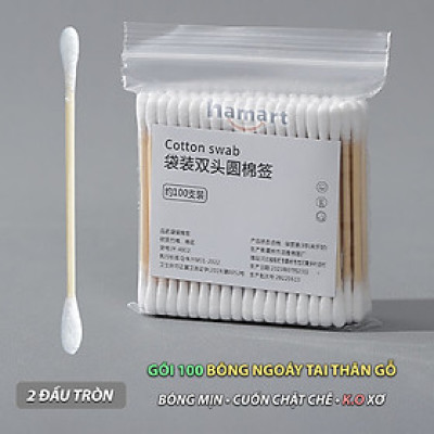 Gói 100 Tăm Bông Ngoáy Tai Thân Gỗ Tre 2 Đầu Tròn Vệ Sinh Tai Tiện Lợi