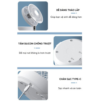 Quạt tích điện DELADEP QDB07 để bàn hoặc treo tường xoay 120°, có điều khiển, điều chỉnh đa góc, có thể gấp gọn, 5 cánh 3 mức gió siêu mát - Hàng nhập khẩu