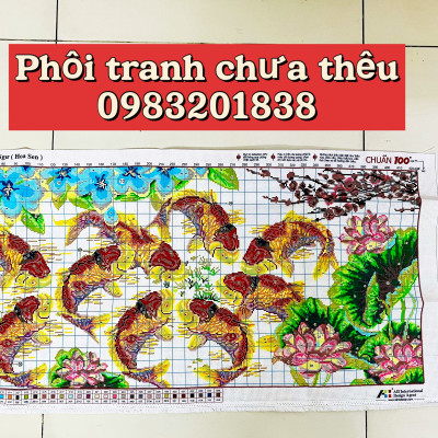 Tranh thêu chữ thập Cửu ngư hoa sen AL51417, nền trắng không thêu, kích thước 108 x 52 cm