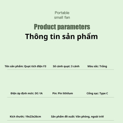 Quạt Tích Điện Để Bàn Fan F3 Xoay 180 Động Cơ Không Tiếng Ồn, 3 Cấp Độ Gió Siêu Mát, Cổng Sạc Nhanh Type-C - Giao Màu Ngẫu Nhiên - Hàng Chính Hãng