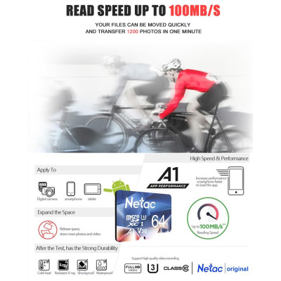 Thẻ nhớ tốc độ cao Netac P500 64GB Thẻ TF Thẻ Micro SD U3 V30 100MB / S  Máy ảnh Camera hành trình Micro SD