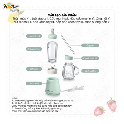 Máy Xay Sinh Tố Cầm Tay Bear, Nghiền Hoa Quả Công Suất Lớn, Chất Liệu An Toàn LLJ-D04A1 - Hàng Chính Hãng