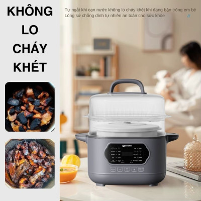 Nồi nấu chậm lòng sứ 3L Mishio MK397 kèm xửng hấp và 4 thố sứ tiện lợi không lo cháy khét hay bong tróc chống dính - Hàng chính hãng