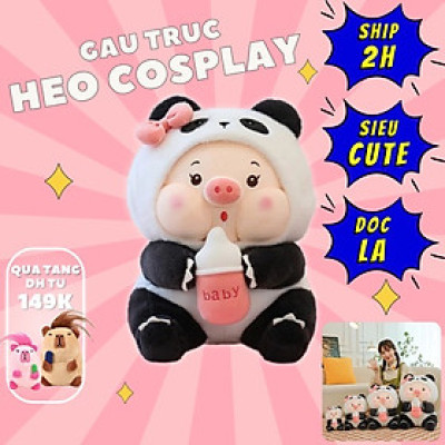 Thú nhồi bông heo cosplay gấu trúc ôm bình sữa - Size từ 25cm đến 85cm - Quà tặng gấu bông heo ôm bình sữa êm mịn cho bé.