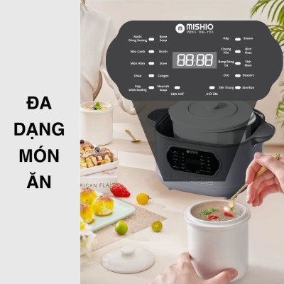 Nồi nấu chậm lòng sứ 3L Mishio MK397 kèm xửng hấp và 4 thố sứ tiện lợi không lo cháy khét hay bong tróc chống dính - Hàng chính hãng