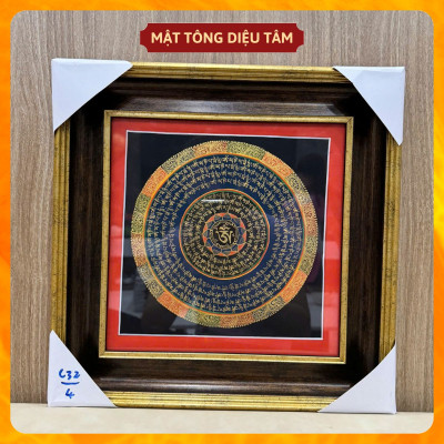 Tranh Mandala Chú Om Mani Padme Hum kèm khung 32cm Vẽ Tay Thủ Công Nepal Tranh chú lục tự chân ngôn Mật tông Diệu Tâm