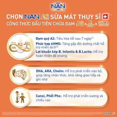 Sữa bột NAN INFINIPRO A2 3 với công thức đầu tiên chứa đạm A2, 6HMO & Lợi khuẩn kép nhập khẩu Thụy Sĩ - Hộp 800g (2 - 6 tuổi)