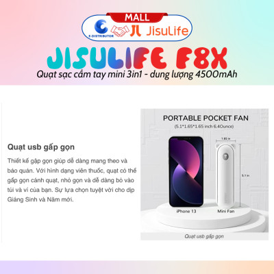 Quạt cầm tay mini JisuLife F8X 4500mAh - Tích hợp Sạc dự phòng, Đèn pin - Hàng chính hãng