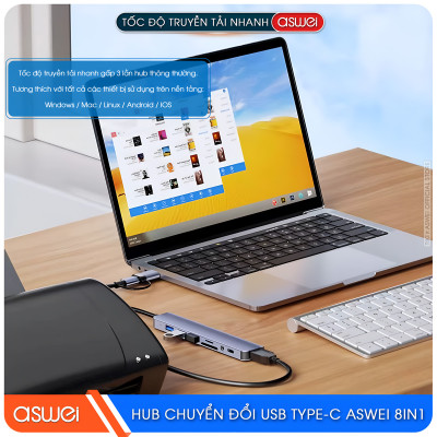 Hub Chuyển Đổi USB Type C ASWEI 8 in 1 - USB 3.0, SD, TF, USB C, Audio 3.5 Tốc Độ Cao - Hàng Chính Hãng
