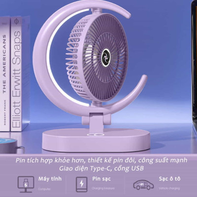 Quạt Để Bàn Tích Điện Mini 3 Cấp Độ Gió Teement, Tích Hợp Đèn Ngủ Động Cơ Không Tiếng Ồn Pin Pin 1200mah , Điều Chỉnh Lên Xuống 360°- Hàng Chính Hãng
