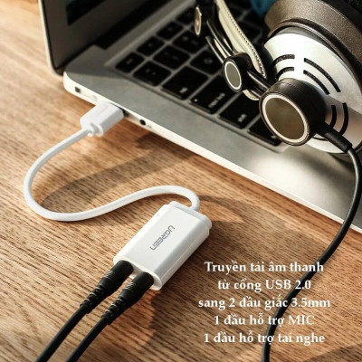 Ugreen UG30143US205TK 15CM màu Trắng Bộ chuyển USB 2.0 sang Loa + MIC chuẩn 3.5mm - HÀNG CHÍNH HÃNG
