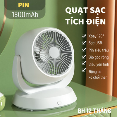 Quạt tích điện để bàn, động cơ không tiếng ồn, xoay 180 độ, 3 cấp độ gió, cổng sạc nhanh Type-C - hàng chính hãng