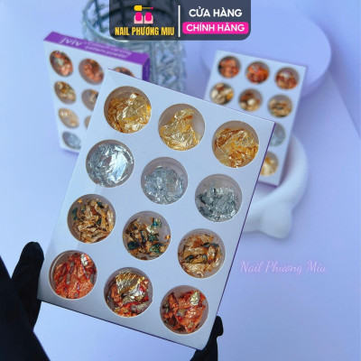 Set Giấy Nhún Bạc Ẩn Gel Trang Trí Móng 12 Ô, 4 Tone Màu Vàng Bạc Mix, Phong Cách Nhật Hàn, Làm Nail Độc Đáo Và Sáng Tạo Nữ