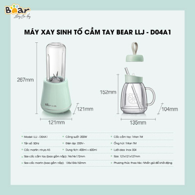 Máy Xay Sinh Tố Cầm Tay Bear, Nghiền Hoa Quả Công Suất Lớn, Chất Liệu An Toàn LLJ-D04A1 - Hàng Chính Hãng