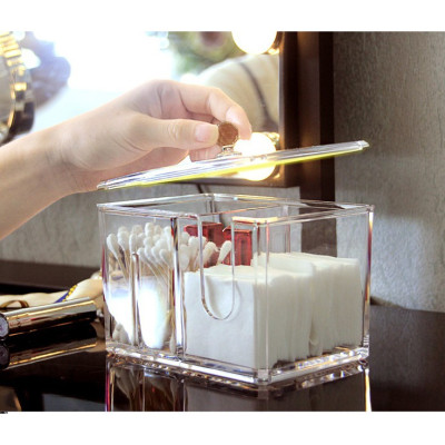 Hộp mica 2 ngăn đựng đồ trang điểm, bông tấy trang, tăm bông...có nắp đậy,14.5 x 10.5 x 13 cm