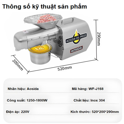 Máy ép dầu thực vật Nóng và Lạnh. Thương hiệu Anh Quốc AOSIDA cao cấp WF-J168 - Hàng chính hãng
